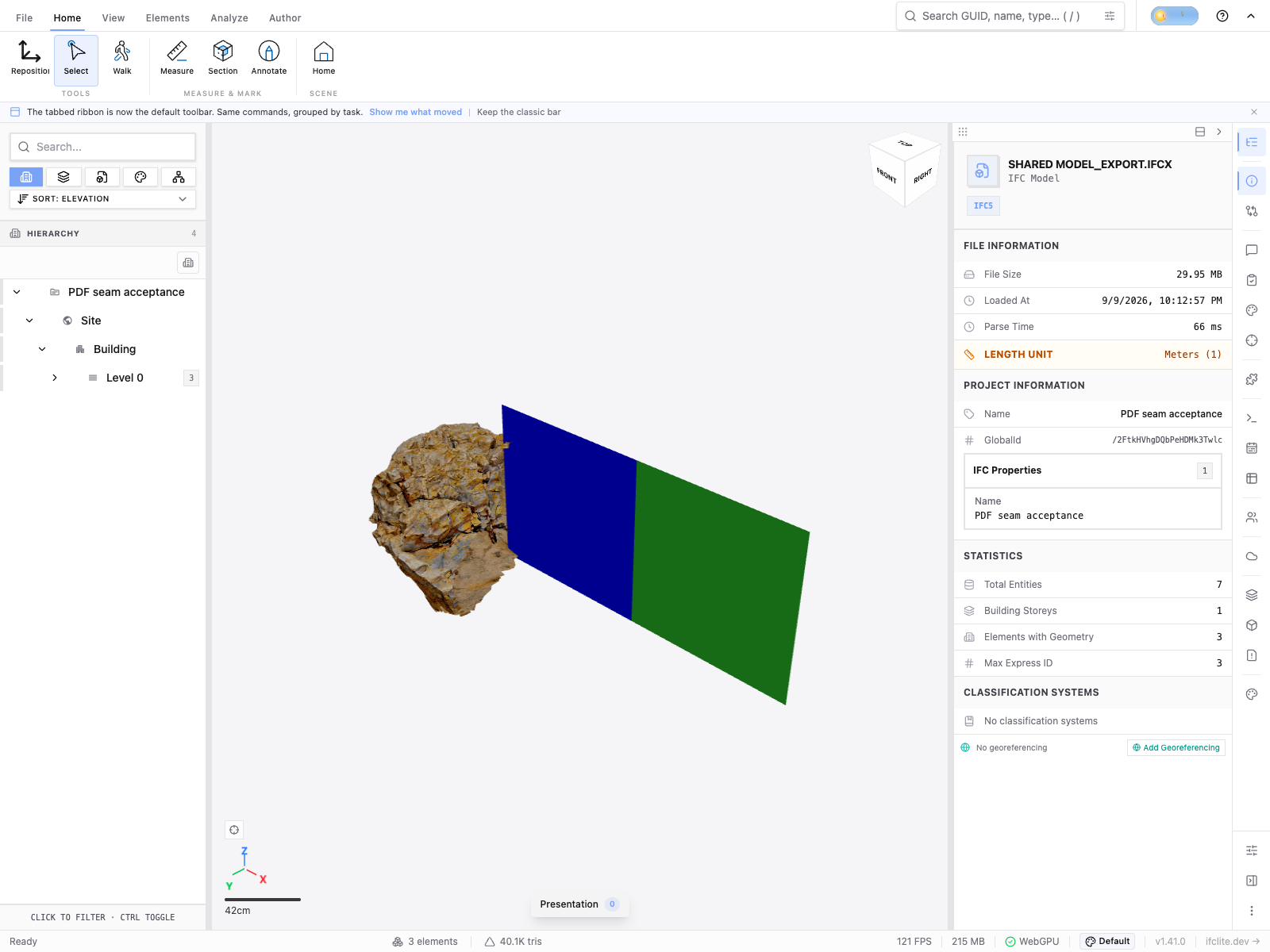 Room-export IFCX reopened without selection highlight