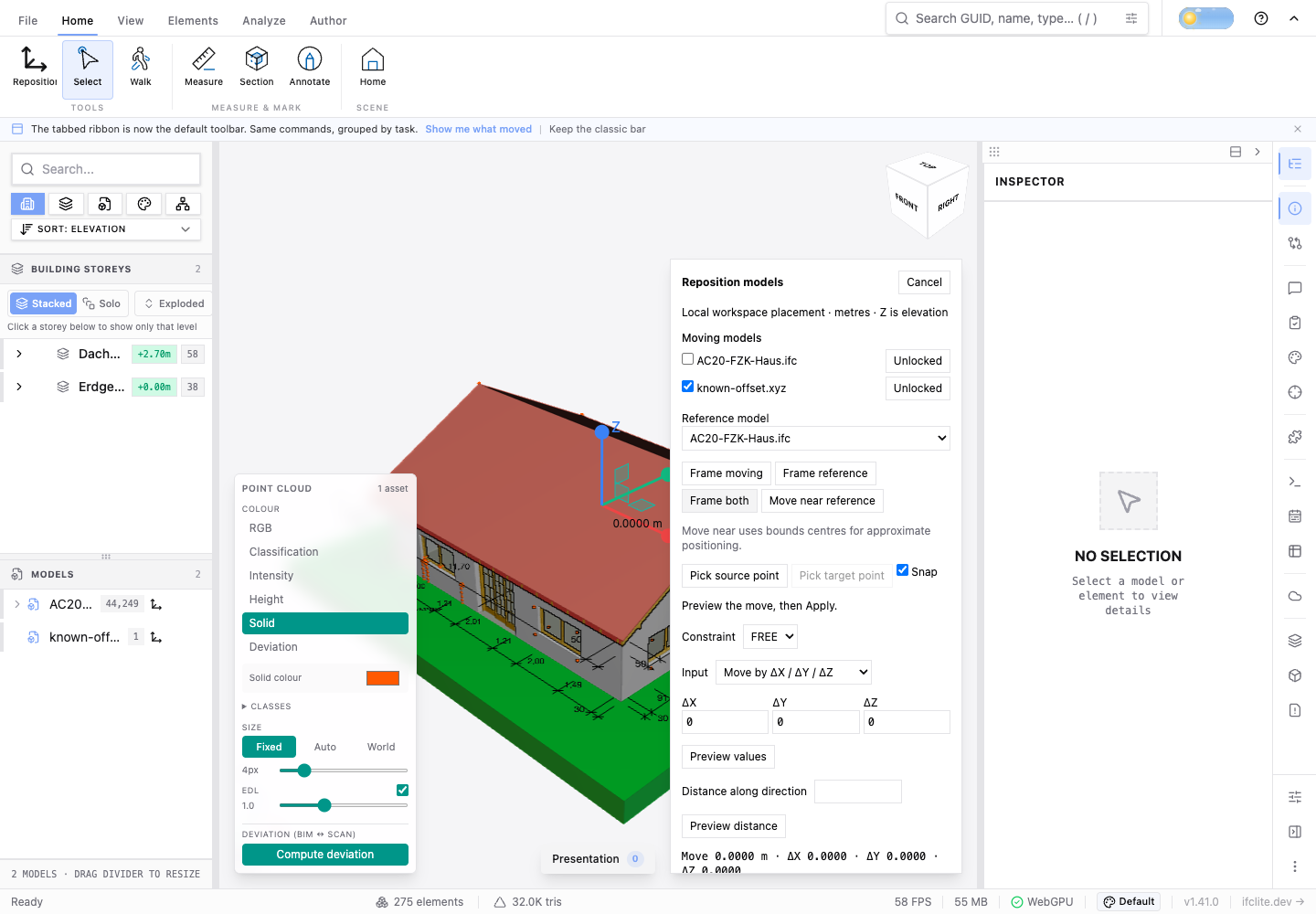 Reposition panel aligning an orange diagnostic pointcloud with an Archicad IFC model